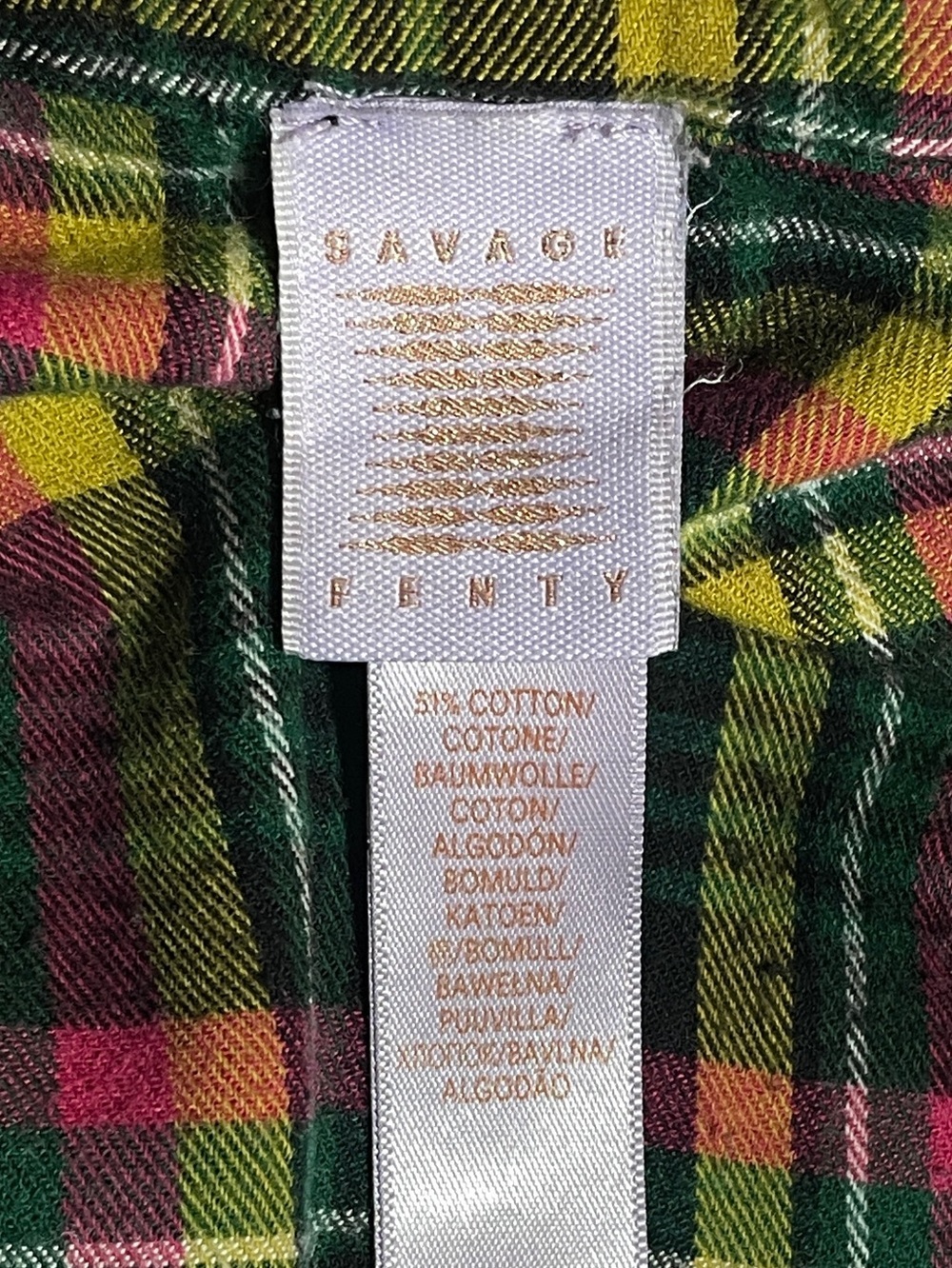 Savage x Fenty Plaid Button Down Top Lace Up Sleeves Frayed Hem grunge preppy - Picture 6 of 9